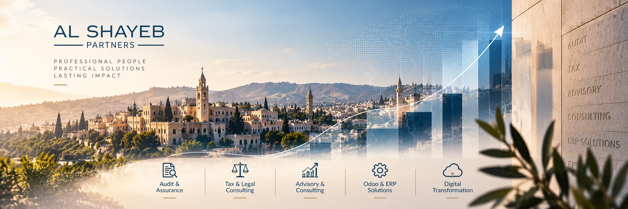 Al Shayeb Partners — professional people, practical solutions, lasting impact. Audit and assurance, tax and legal consulting, advisory and consulting, Odoo and ERP solutions, digital transformation.