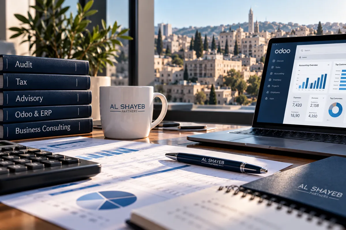 An Al Shayeb desk: audit, tax, advisory and business consulting binders, financial reports and an accounting dashboard